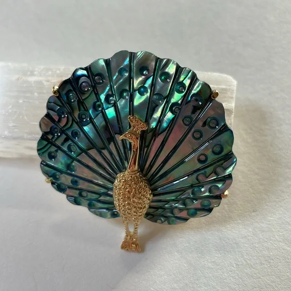 Vintage Abalone Shell "Sea Opal" Gold Plated Peacock Brooch - Picture 1 of 5